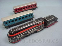 1. Brinquedos antigos - Estrela - Conjunto de Locomotiva a vapor e dois Carros de Passageiros E.F.E Ferrorama Década de 1960