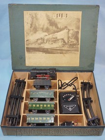 Brinquedos Antigos - Karl Bub KBN - Conjunto de Locomotiva a vapor 3 Carros de Passageiros e Transformador Made in US Zone Década de 1950