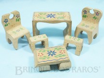Brinquedos Antigos - Sem identificação - Conjunto de Móveis para Bonecas de 8,00 cm de altura com 8 peças esculpidas em um único bloco de Carvalho com desenho de inspiração Antroposófica Educação Waldorf Rudolf Steiner Antroposofia Década de 1930

