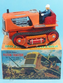 1. Brinquedos antigos - Nomura Toys - Trator de esteira Piston Tractor com 26,00 cm de comprimento Movimento para frente e para trás com motor iluminado Década de 1960