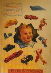 Brinquedos antigos -  - Capa do Catálogo 1950 da fábrica de brinquedos italiana Ferrari Giro de Milão, trabalho assinado pelo artista plástico Baggin