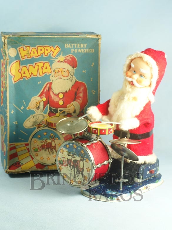 Brinquedo antigo Papai Noel tocando bateria 23,00 cm de altura Happy Santa de tecido e lata Década de 1950