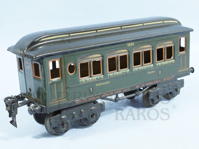 Brinquedo antigo Marklin Carro de Passageiros Primeira e Segunda Classe fumantes e não fumantes número 1886 Ano 1889 até 1927 litografado Comprimento 20,00 cm