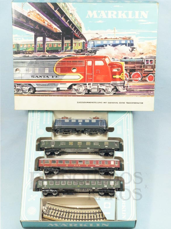 Brinquedo antigo Marklin Conjunto com Locomotiva Elétrica 3034 três vagões de passageiros e trilhos Ano 1964