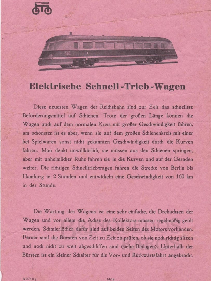 Brinquedo antigo Marklin Folheto de Instruções da Automotriz Diesel Hidraúlica Número TWE 12930 ano 1932 a 1942 Comprimento 35,00 cm