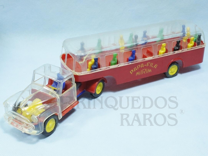 Brinquedo antigo Onibus Papa-Fila com cabine transparente e passageiros 40,00 cm de comprimento Ano 1954