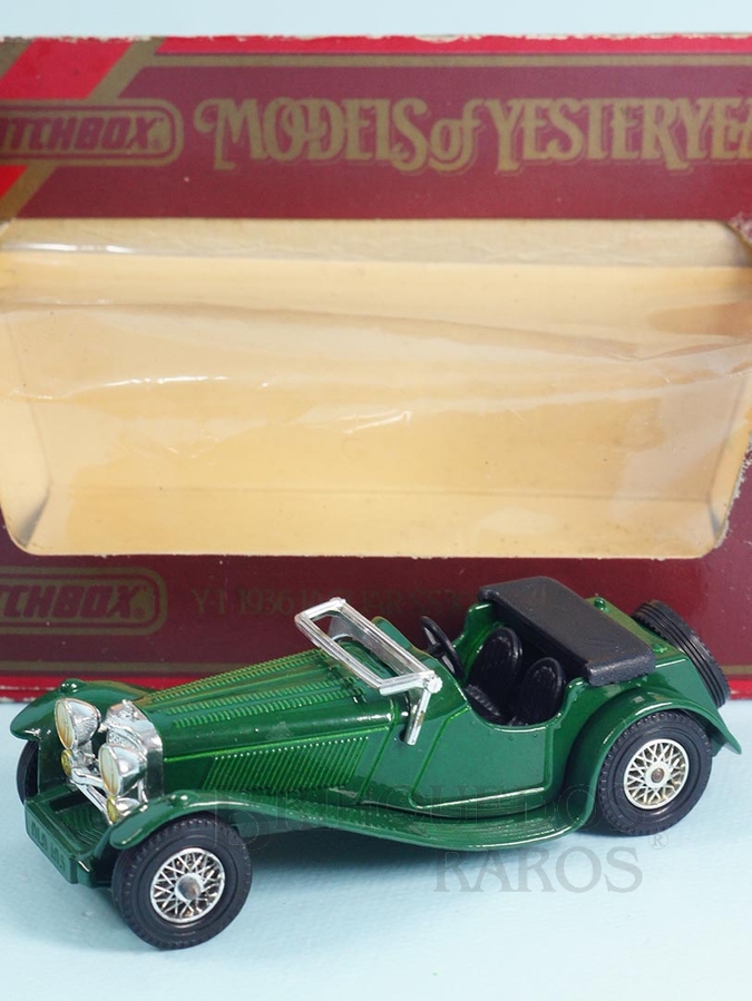 Brinquedo antigo 1938 Jaguar SS 100 Yesteryear verde Década de 1970