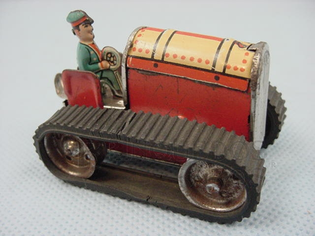 Brinquedo antigo Trator de esteira com 6,50 cm de comprimento Made in US Zone Década de 1950