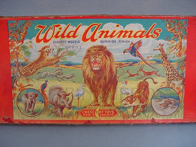 Brinquedo antigo Rótulo da Caixa de Animais Selvagens fabricado pela Crescent Inglaterra na década de 1940