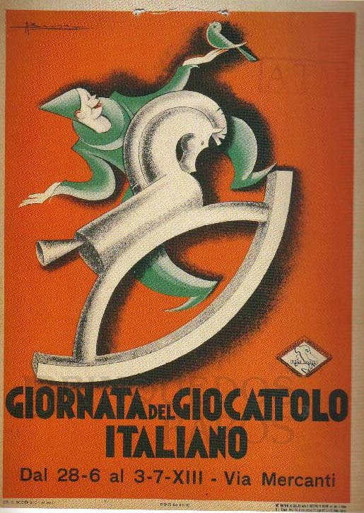 Brinquedo antigo Cartaz Art Decô anunciando a Feira do Brinquedo Italiano em 1913
