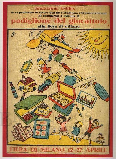 Brinquedo antigo Cartaz chamando as crianças para visitarem o Pavilhão do Brinquedo na Feira de Milão, Italia, de 1935