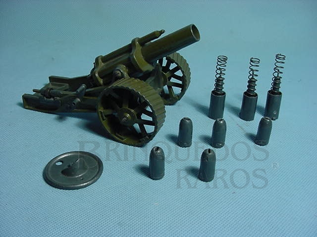 Brinquedo antigo Obus 18 Howitzer canhão completo Atira Balas de metal Carrega pela culatra Década de 1950