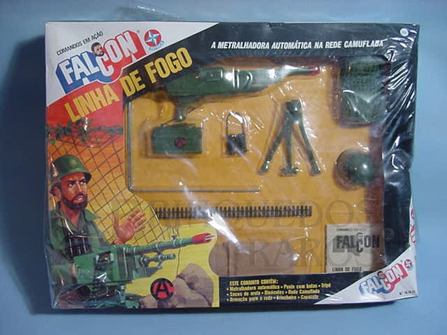 Brinquedo antigo Falcon Aventura Linha de Fogo Metralhadora na Rede Camuflada completa com 9 itens Edição 1978