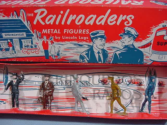 Brinquedo antigo Conjunto completo com 7 peças Passageiros e Operários Ferroviários Década de 1950
