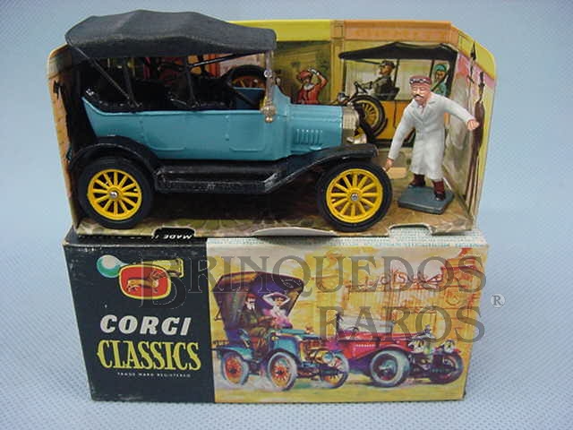Brinquedo antigo Ford Model T 1915 azul com capota Corgi Classics Completo com display e figura