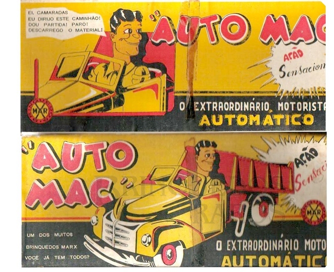 Brinquedo antigo Rótulo da Caixa do Caminhão Basculante Auto Mac fabricado pela Trol Brasil sob licença da Marx americana na década de 1950