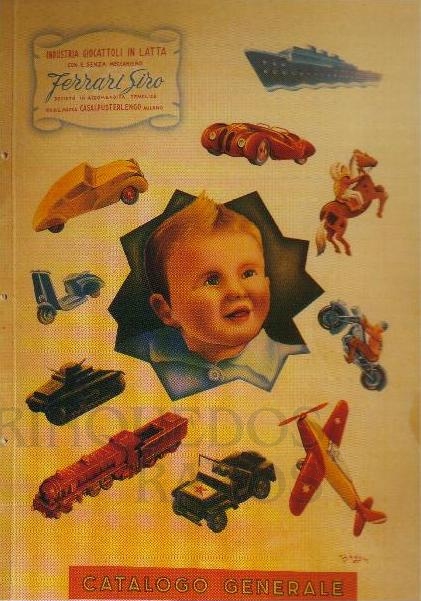 Brinquedo antigo Capa do Catálogo 1950 da fábrica de brinquedos italiana Ferrari Giro de Milão, trabalho assinado pelo artista plástico Baggin