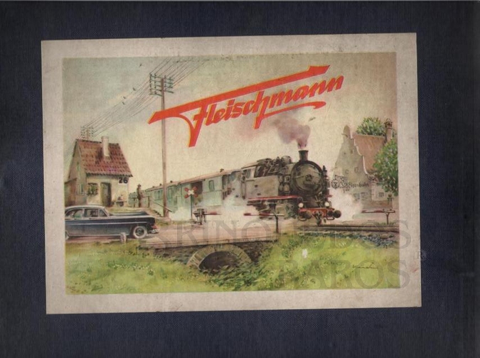 Brinquedo antigo Rótulo da Caixa do trem elétrico fabricado em 1945 pela Fleischmann Alemanha Trabalho assinado pelo artista Kuch