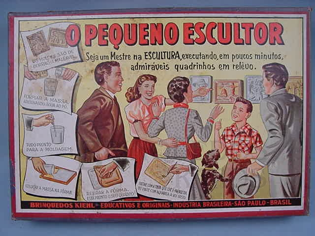 Brinquedo antigo Rótulo da Caixa do brinquedo Pequeno Escultor fabricado pela Kiehl na década de 1960 Trabalho assinado pelo Artista Kraus