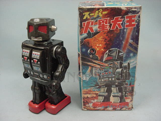 Brinquedo antigo Robot com metralhadora no peito Rotate-O-Matic rosto mecânico Com 29,00 cm de altura Década de 1960