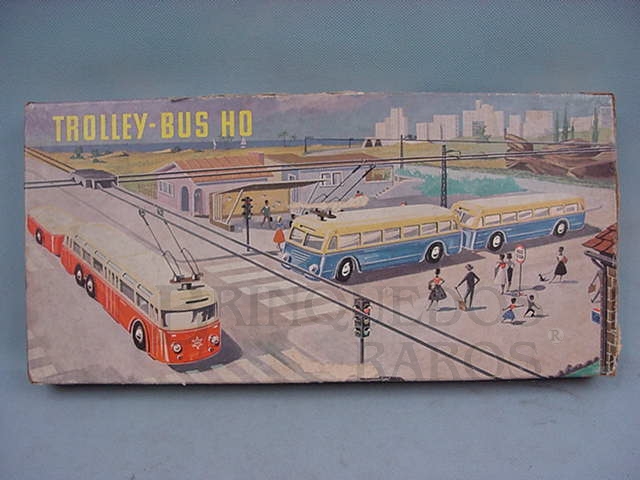 Brinquedo antigo Caixa do Conjunto Trolley Bus fabricado pela Eheim Alemanha Década de 1960