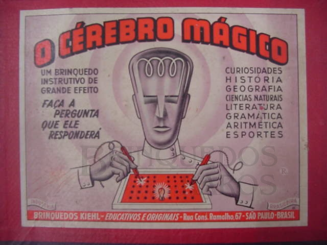 Brinquedo antigo Rótulo da Caixa do Jogo Cérebro Mágico fabricado pela Kiehl Brasil na década de 1950 Obra assinada pelo Artista Kraus