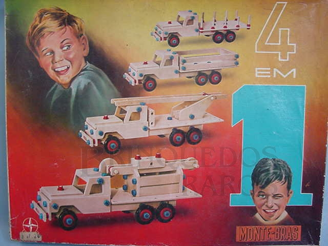 Brinquedo antigo Caixa do Conjunto de Montar Monte Bras Tipo 4 em 1 fabricado pela Estrela Brasil na década de 1950 Trabalho assinado pelo artista Ali