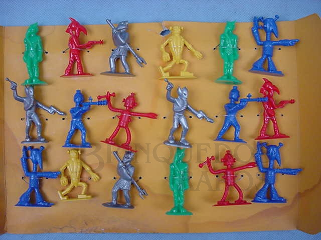 Brinquedo antigo Conjunto completo com 18 figuras espaciais Captain Video and His Video Rangers Década de 1950