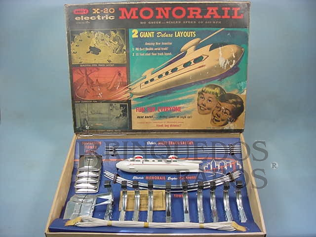 Brinquedo antigo Conjunto completo de transporte monotrilho X-20 Electric Monorail Ano 1962