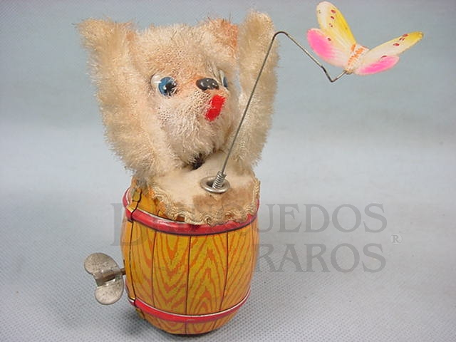 Brinquedo antigo Gato no barril com 15,00 cm de altura Corpo de pelúcia Década de 1970