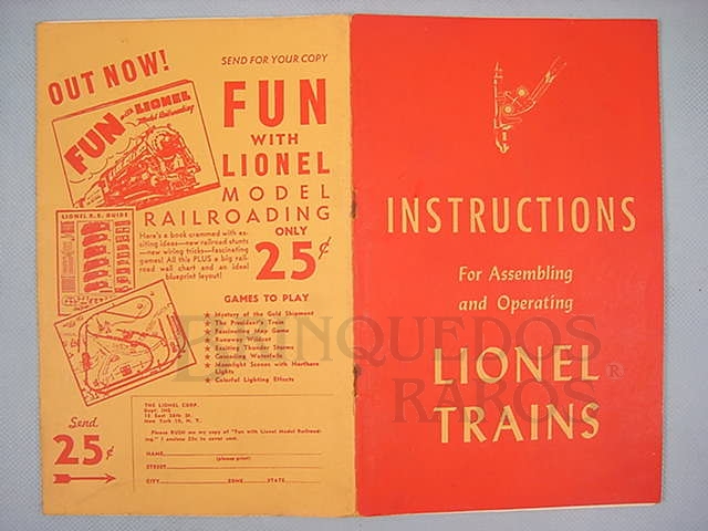 Brinquedo antigo Manual Instructions For Assembling and Operating Lionel Trains 40 páginas Capa Vermelha Copyright 1947