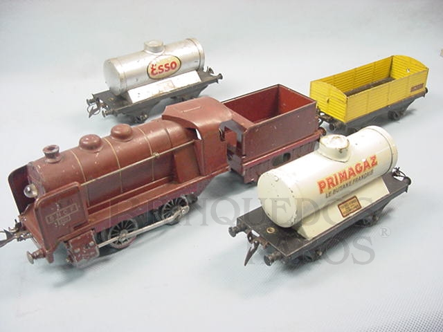 Brinquedo antigo Conjunto com Locomotiva a vapor e três vagões de carga Bitola O Hornby Paris Acompanha trilhos e transformador Década de 1930