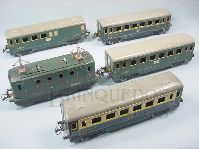 Brinquedo antigo Conjunto com Locomotiva elétrica e quatro Carros de Passageiros Bitola O Hornby Paris Acompanha trilhos e transformador Década de 1930
