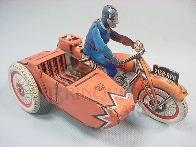 Brinquedo antigo Motocicleta e Side Car com 17,00 cm de comprimento Década de 1930