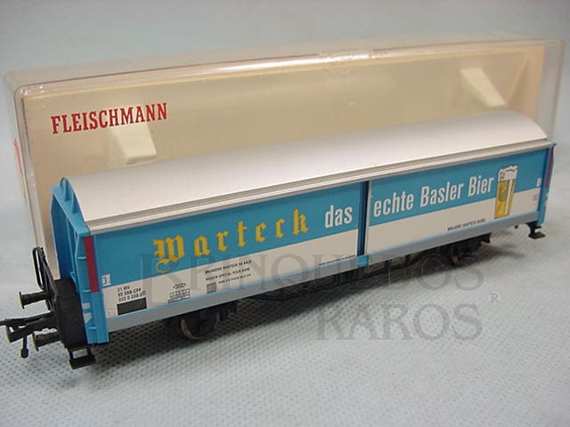 Brinquedo antigo Vagão furgão com laterais deslizantes Cerveja Marteck Ferrovia estatal suíça Década de 1970