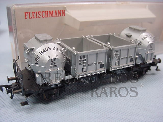 Brinquedo antigo Vagão prancha com containers siderúrgicos DB Década de 1970