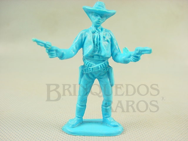 Brinquedo antigo Xerife de pé com dois revolveres Plástico azul Década de 1980