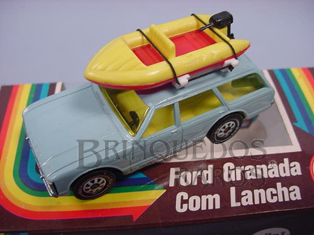 Brinquedo antigo Ford Granada Turnier azul com Bote à motor Brasilianische Siku Alfema Década de 1980