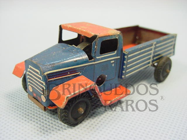 Brinquedo antigo Caminhão azul e vermelho com 10 cm de comprimento Década de 1940