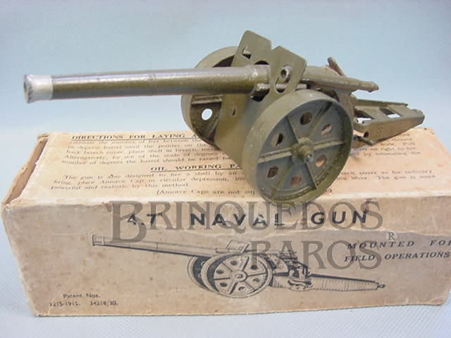 Brinquedo antigo Canhão Naval com 18,00 cm de comprimento 4.7" Naval Gun Mounted for Field Operations Atira balas de metal Década de 1950