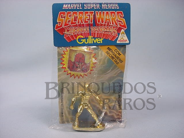 Brinquedo antigo Visão de plástico metalizado dourado Série Secret Wars completo com Mensagem Secreta Ano 1988