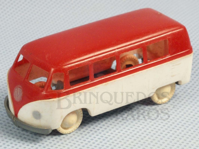 Brinquedo antigo Volkswagen Kombi vermelha e branca com 5,00 cm de comprimento Década de 1950