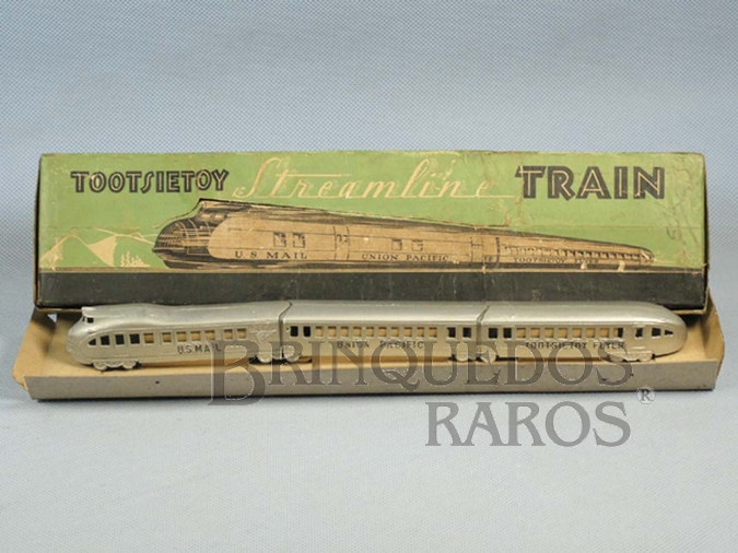 Brinquedo antigo Conjunto com locomotiva e dois Carros de Passageiros com 30,00 cm de comprimento Streamline Train Década de 1930 Brinquedo antigo Conjunto com locomotiva e dois Carros de Passageiros com 30,00 cm de comprimento Streamline Train Década de 1930