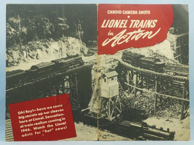 Brinquedo antigo Livreto Lionel Trains in Action Candid Camera Shots 14 páginas 36 fotos em preto e branco Copyright 1945
