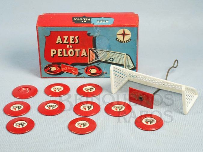 Brinquedo antigo Jogo de Futebol de Botão Azes da Pelota com time do São Paulo Futebol Clube Completo com Trave e goleiro Ano 1960