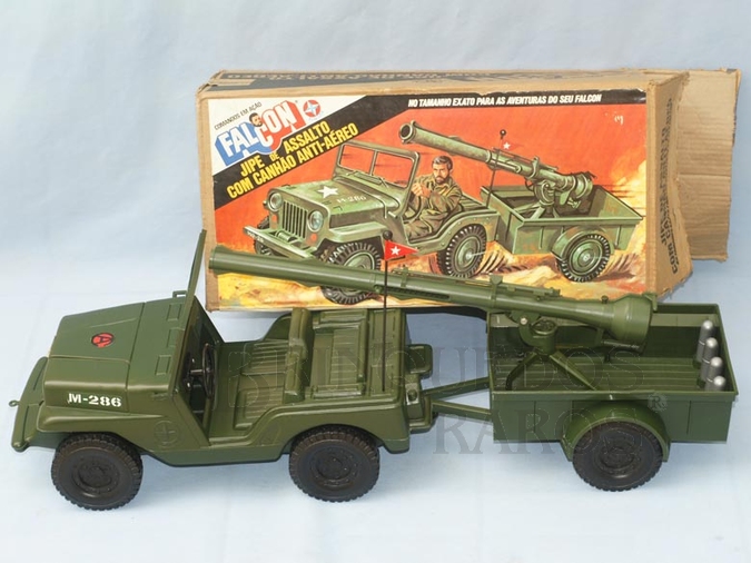 Brinquedo antigo Jipe do Falcon Jeep Willys verde com Carreta e Canhão Completo com  balas Série 1977