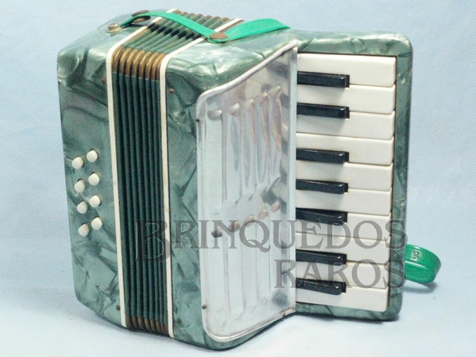 Brinquedo antigo Sanfona com 20,00 cm de altura em madrepérola com acabamento em alumínio Acordeon Década de 1950
