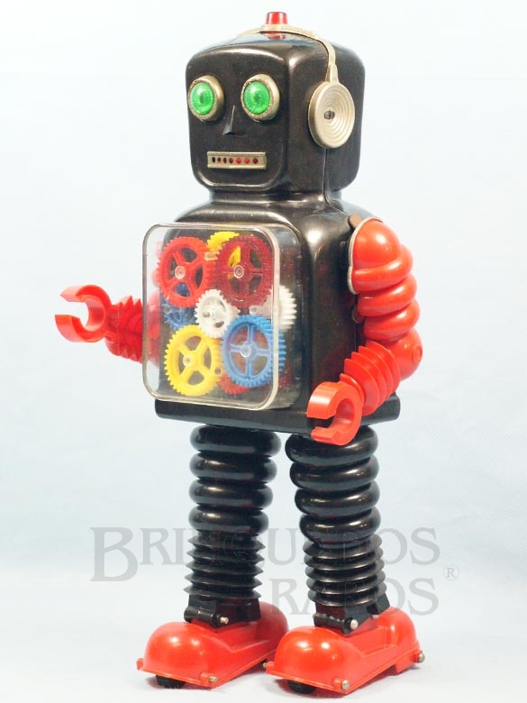 Brinquedo antigo Robot com engrenagens no peito Blink-a-Gear Robot 37,00 cm de altura Década de 1970