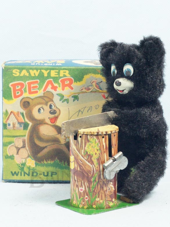 Brinquedo antigo Urso serrando lenha Sawyer Bear com 14,00 Cm de altura Década de 1960
