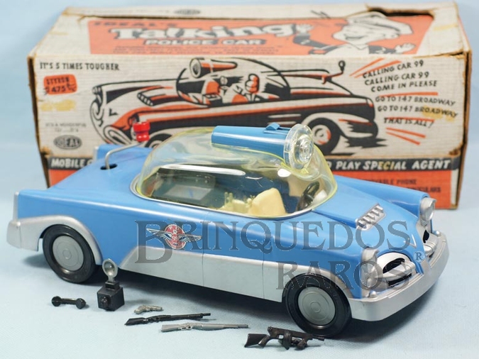 Brinquedo antigo Carro de Polícia Talking Police Car Mobile Crime Laboratory completo com acessórios e Lanterna 35,00 cm de comprimento Década de 1960
